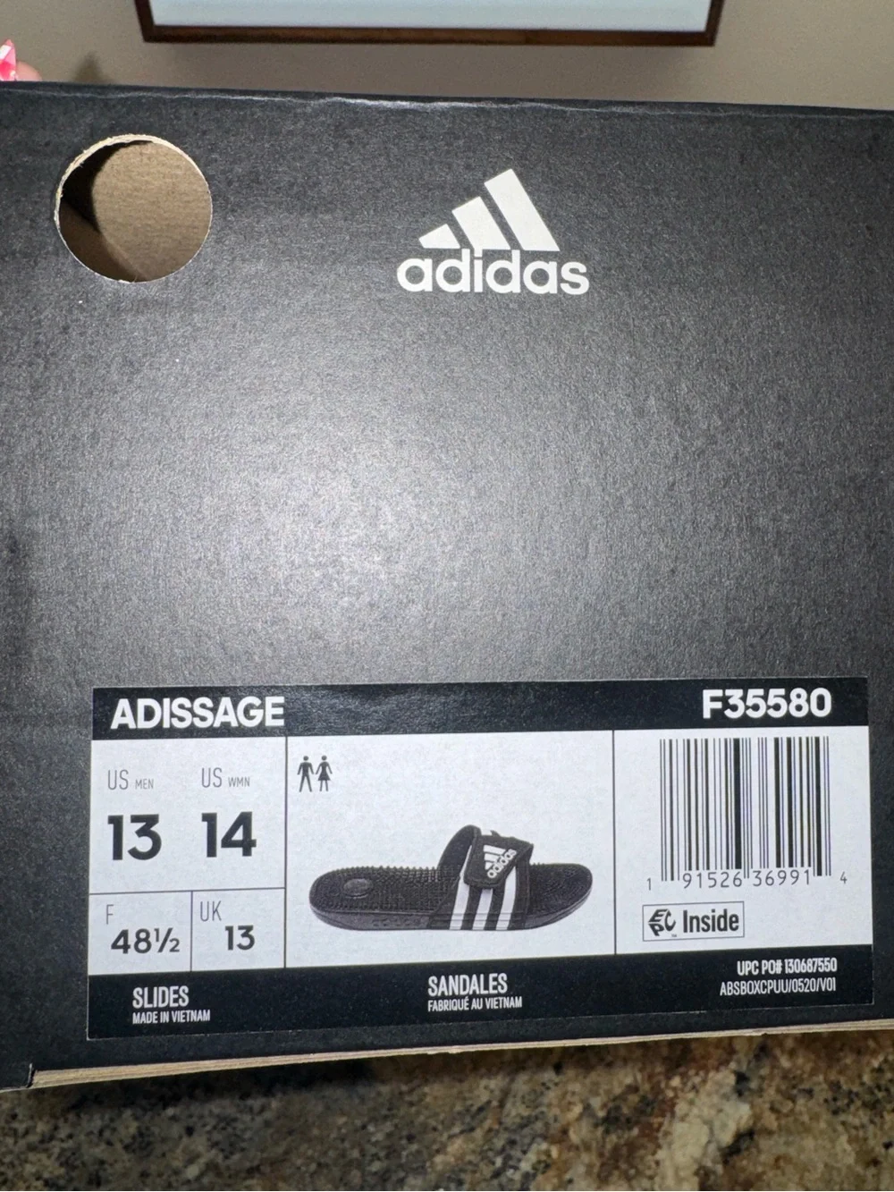 Adidas Men’s 13 / Women’s 14 Black/White Slide Sandals - BNWT in box